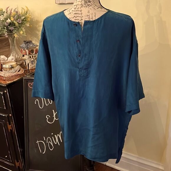 I.O.U. SZ M 💯 SILK TEAL TOP *UNISEX - Vintage! - Picture 1 of 9